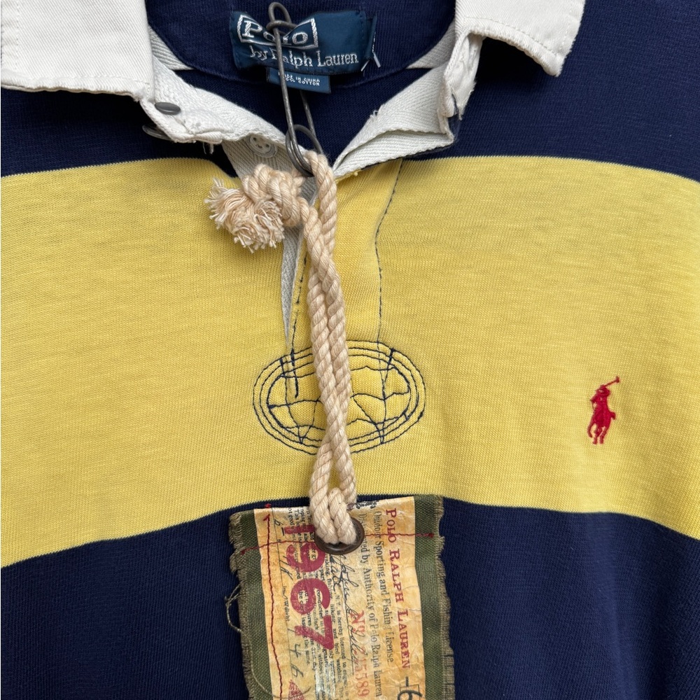 New vintage Polo Ralph Lauren Yellow and Blue Striped Rugby Shirt Large L - Picture 2 of 3